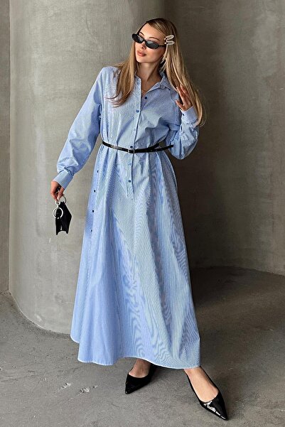 Olcay Φαρδύ φόρεμα ποπλίνα με λεπτομέρεια στο πλάι με κουμπιά ΜΠΛΕ-ΛΕΥΚΟ 9316-E