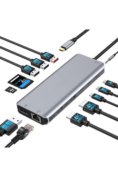 COOYA محول متعدد المنافذ لمحطة إرساء USB C، USB C إلى 2 HDMI، شحن PD، إيثرنت، 5 منافذ USB