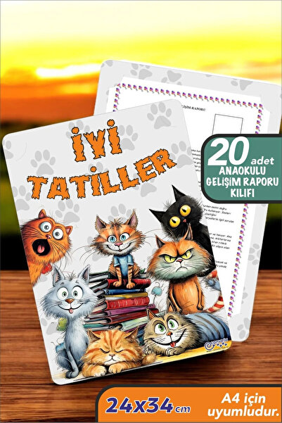 İstisna 20 Adet Kedi Temalı A4 Anaokulu Karne Kılıfı Kabı Karne Süsleme 24x34