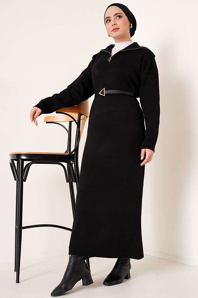giyze Zippered Collar Knitwear Dress Black 2441