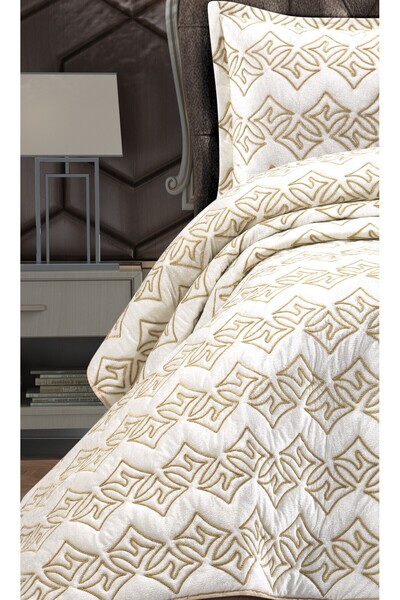 GOLDROOM KADİFE ŞÖNİL KREM TEK KİŞİLİK YATAK ÖRTÜSÜ