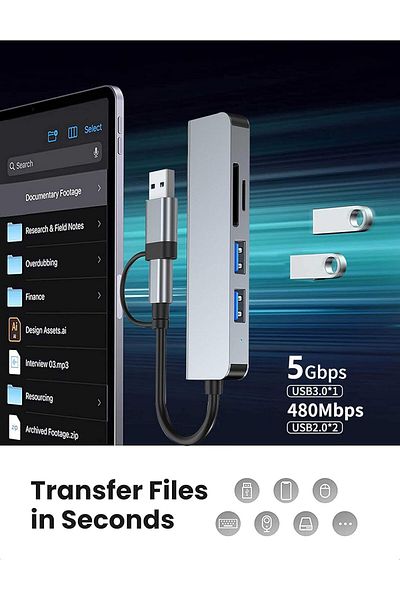 COOYA محول متعدد المنافذ 5 في 1، قاعدة توصيل USB C مع منفذ USB 3.0 واحد، ومنفذي USB 2.0، ومنفذ طاقة PD بقوة 5 وات
