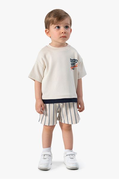 damdamin 100% Cotton Baby Boy Front & Back Printed T-Shirt & Pocket Elastic Waist Striped Shorts Set