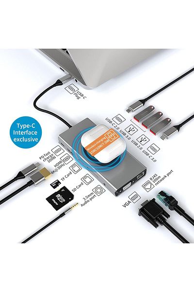 COOYA 13-in-1 USB C Hub, 4K HDMI, VGA, RJ45 Ethernet, 2×USB 3.0, 100W PD, SD/TF, 3.5mm AUX