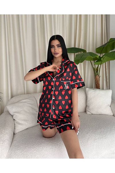 saviniboutique SAVİNİ Set de pijamale pentru femei Victoria din satin cu nasturi în față și model de inimă