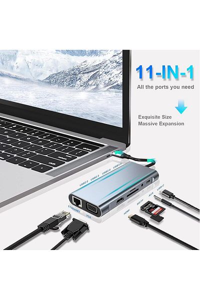 COOYA موزع USB C 11 في 1، HDMI 4K، VGA، Type C PD 100W، USB 3.0، RJ45 100M Ethernet، قارئ بطاقات SD/TF