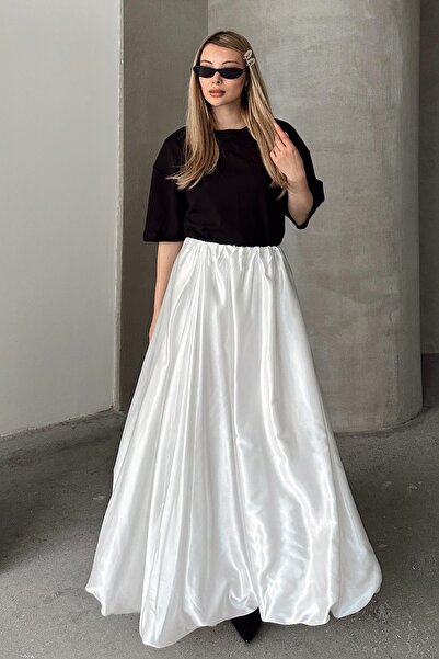 Olcay White Balloon Satin Skirt with Elastic Waist 7058
