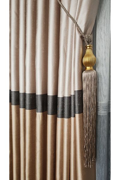 Yuka Gold / Black Stripe Curtain Mink Milano Adde Panel Background Slub Vezife and Single Wing Star 3/3