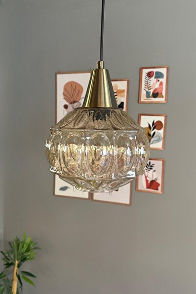 Bamyum Şila Cam Bal Rengi Tekli Avize Eskitme Huni Başlık Retro Sarkıt Lamba Salon Aydınlatma