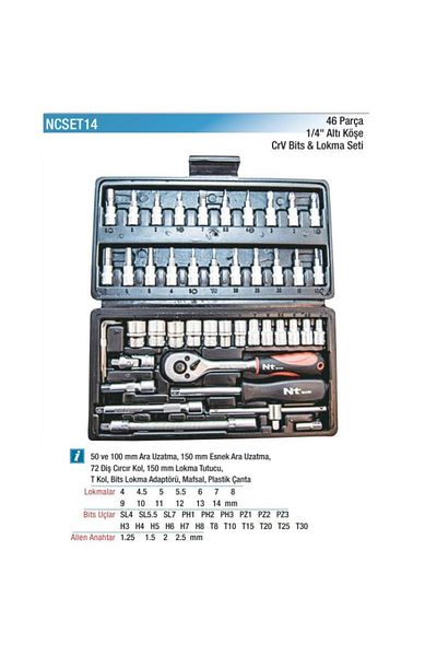 Nt Tools 1/4" Bits and Hex Socket Set - 46 Pieces NCSET14