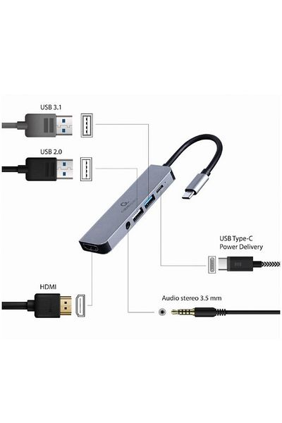 Gembird Stație de andocare Gembird 5-în-1, USB-C x 1, USB-A 3.1 x 1, USB-A 2.0 x 1, HDMI x 1, PD 87 W
