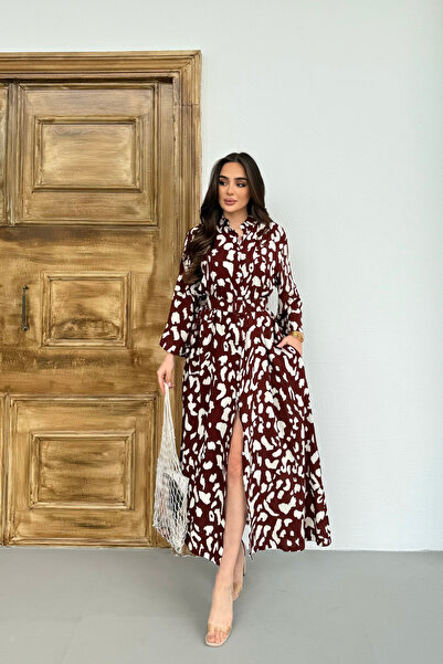 Mezka Long Sleeve Belted Front Slit Shirt Collar Summer Burgundy White Patter...