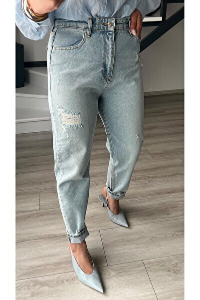 Oslove Kar Yıkama Kapalı Yırtık Mom Jean