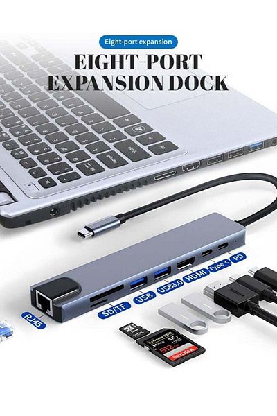COOYA محطة إرساء 8 في 1 موزع USB-C مع USB (2.0/3.0/C)، قارئ بطاقات SD/TF، شحن PD، منفذ إيثرنت