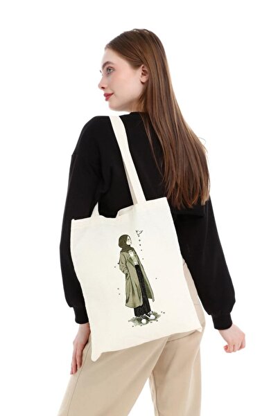 Çınar Bez Çanta Kız Genç  Bej  Kuş Ve Kız Baskılı Ham Bez   Omuz  Çantası