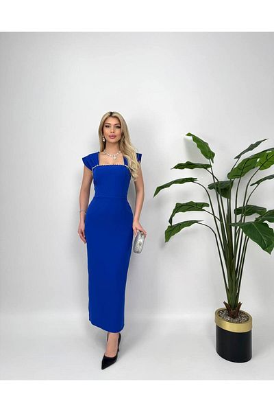 Zoe Zoe Collar Stone Detailed Midi Wedding/Guest/Graduation/Promised Dress with Slit Detail at the Back