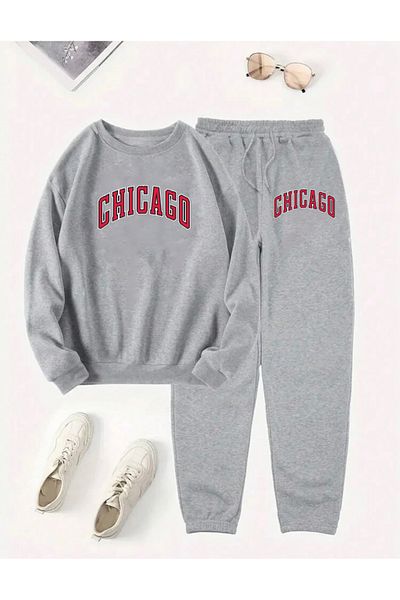 RPT MODA Oversized Red Chicago Print Detail Cycling Collar Double Team Tracksuit