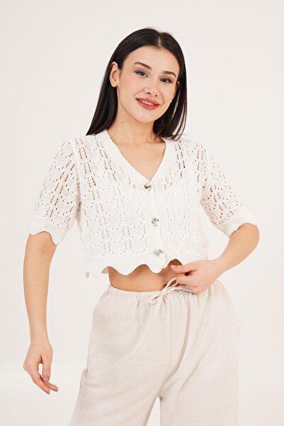 Hipo Trend Λευκή Crop Ζακέτα με ανοιχτόχρωμα κουμπιά φιόγκου