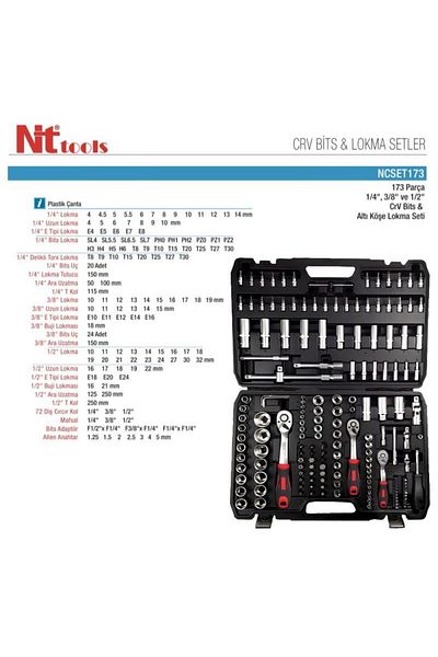 Nt Tools 173 Piece Socket Set - 1/2" 3/8 1/4" Bits and Hex Ncset173