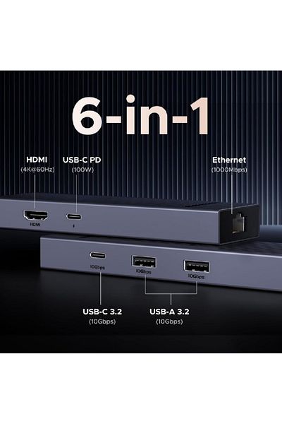 COOYA محول جيجابت إيثرنت USB C Hub Pro 1061 6 في 1 مع HDMI بدقة 4K وتردد 60 هرتز، وشحن PD بقوة 100 وات