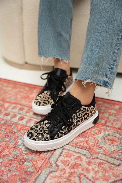 LamintaGlobal Pantofi sport confortabili pentru femei cu model leopard negru-auriu