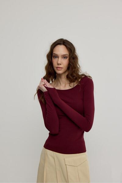 TUBİA Women's Burgundy Wide Collar Long Sleeve T-Shirt