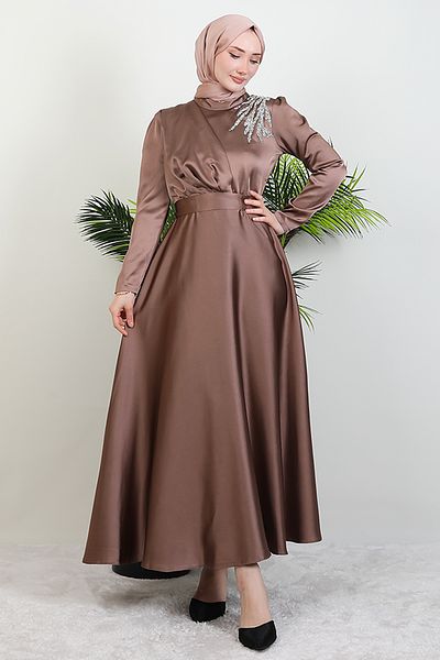 GİZ AGİYİM Βραδινό Σατέν φόρεμα Shoulder Stoned Dark Mink
