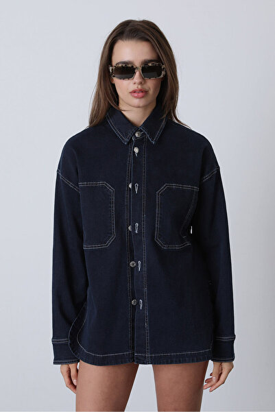 Beyyoglu Kontrast Dikişli Oversize Denim Gömlek