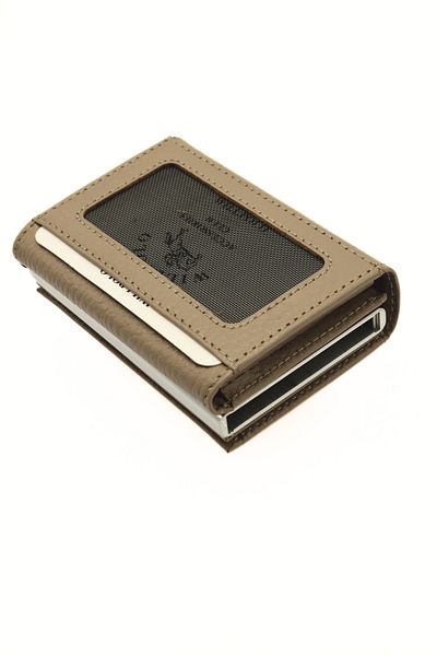 willpolo Genuine Calfskin Natural Pouch Compartment Mechanism Automatic Cream Color Card Holder Wallet
