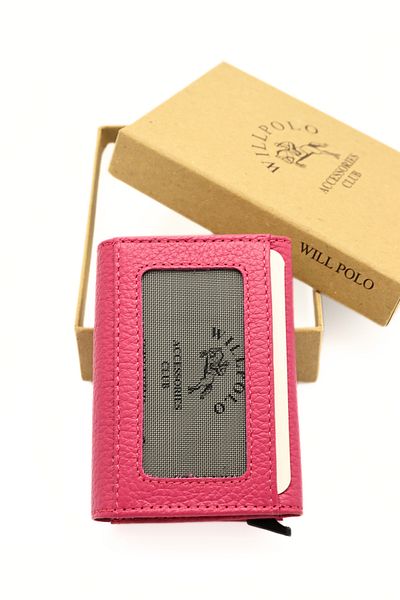 willpolo Genuine Calfskin Natural Pouch Compartment Mechanism Automatic Pink Card Holder Wallet