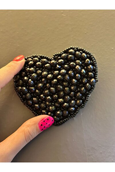 Gönülden Tasarım 10X9 CM SİYAH BONCUK İŞLEME KALP ARMA DİKİŞ APLİKE