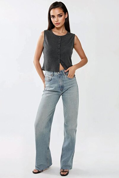 Hiccup Düğme Detaylı Bisiklet Yaka Örme Kolsuz Yelek