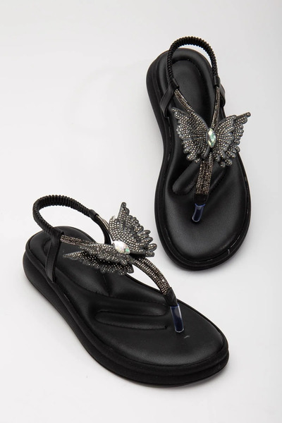 Nexs Sandale Flip Flop pentru femei, piele neagră, cu talpă plată, cu figurin...