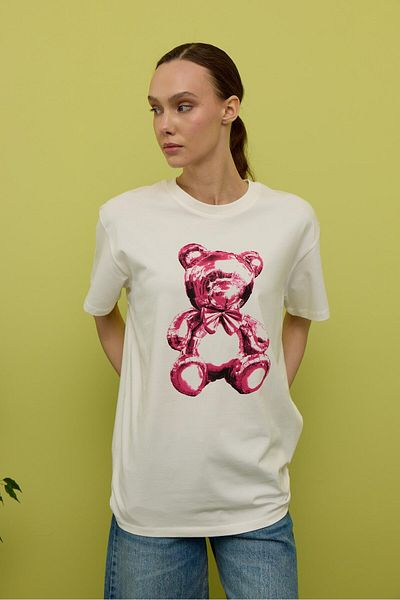 TUBİA Women's Ecru Teddy Bear Printed Oversize T-Shirt