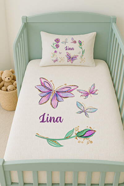 Lilabio %100 Pamuk İsme Özel İsimli 100x150 cm Pike Seti Mor Lale ve Kelebek