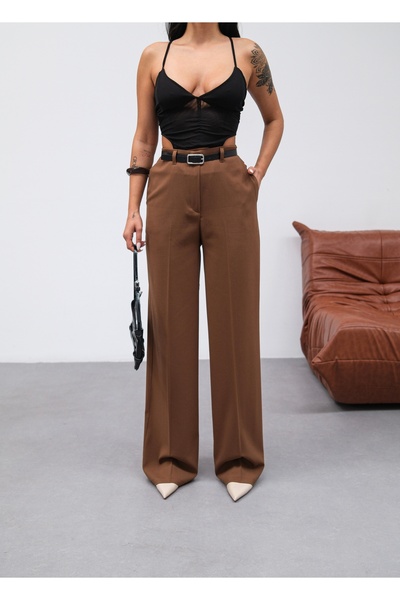 OUZ Fashion Kadın Poly Viscose Kemerli ve Dökümlü Palazzo Pantolon (Kemer Dahildir)