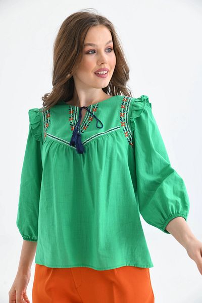 Park Karon Embroidery Detailed - Long Sleeve Tie-up Women's Loose Blouse