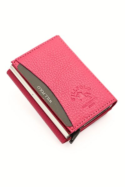 willpolo Genuine Calfskin Natural Pouch Compartment Mechanism Automatic Pink Card Holder Wallet