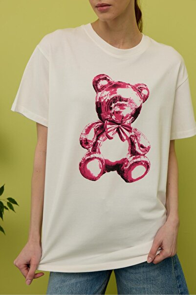 TUBİA Γυναικείο μπλουζάκι με στάμπα εκρού αρκουδάκι