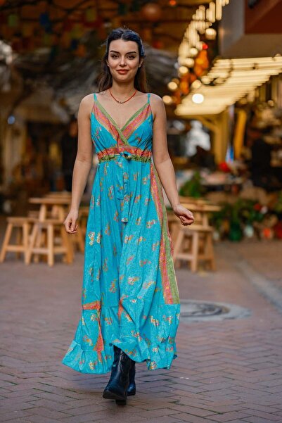 Miss Boheme Turkuaz İpek Elbise