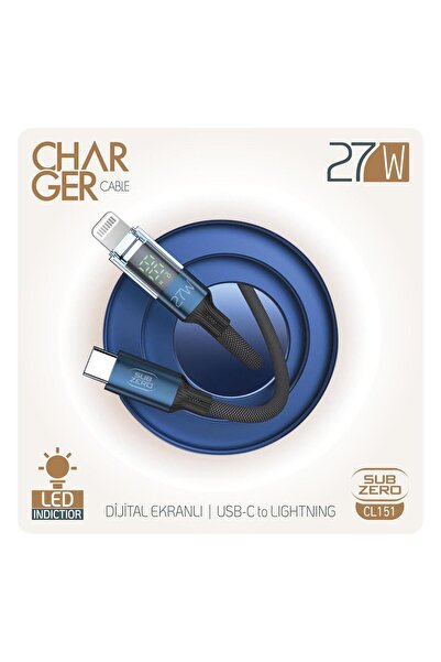 Subzero CL151 27W PD Type-C Lightning Led Göstergeli Hasır Hızlı Şarj Data Kablosu