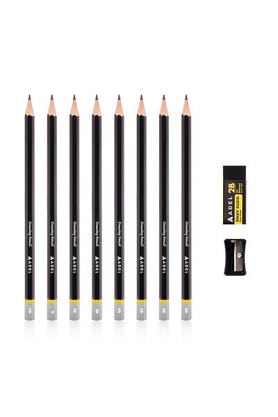 Adel Pencil Set with Graduations, 8Pcs,Hb-8B, Exam Eraser,Pencil Sharpener Gift,Technical Drawing,Sketching