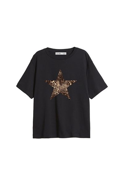 Bak Moda Tricou negru pentru femei Starz cu imprimeu leopard