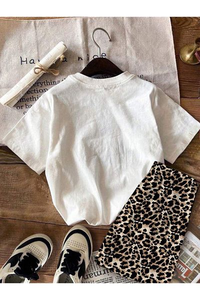 MORNİNG KİDS Girl's Ribbon Printed White T-Shirt-Leopard Shorts Set