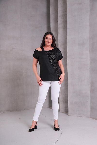 Ebsumu Oversized Asymmetrical Cut Blouse – Shoulder Detail, Geometric Pattern with Stone Embroidery