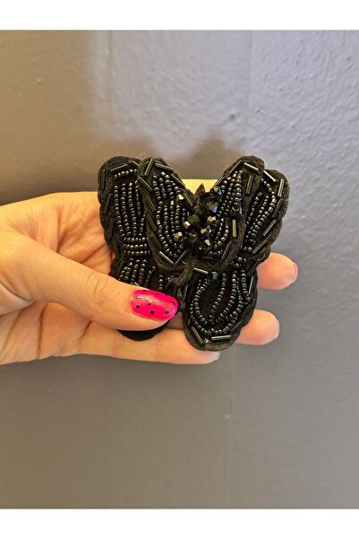 Gönülden Tasarım 8X7 CM SİYAH KABARTMA BONCUK İŞLEME KELEBEK ARMA DİKİŞ APLİKE