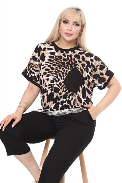 tarzımsüper Women's Large Size Tiger Pattern Pocket Comfort Model Short Sleeve Capri Suit