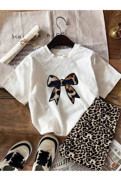MORNİNG KİDS Girl's Ribbon Printed White T-Shirt-Leopard Shorts Set