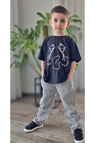 My Baby's World طائرة ورقية تي شيرت أسود مخطط موسلين بنطلون صبي الصيف 100% قط...