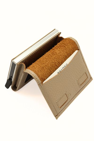 willpolo Genuine Calfskin Natural Pouch Compartment Mechanism Automatic Cream Color Card Holder Wallet
